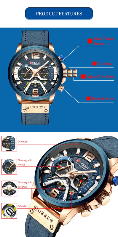 Montre de luxe, design militaire, bracelet en cuir et en acier inoxydable, avec fonction chronographe